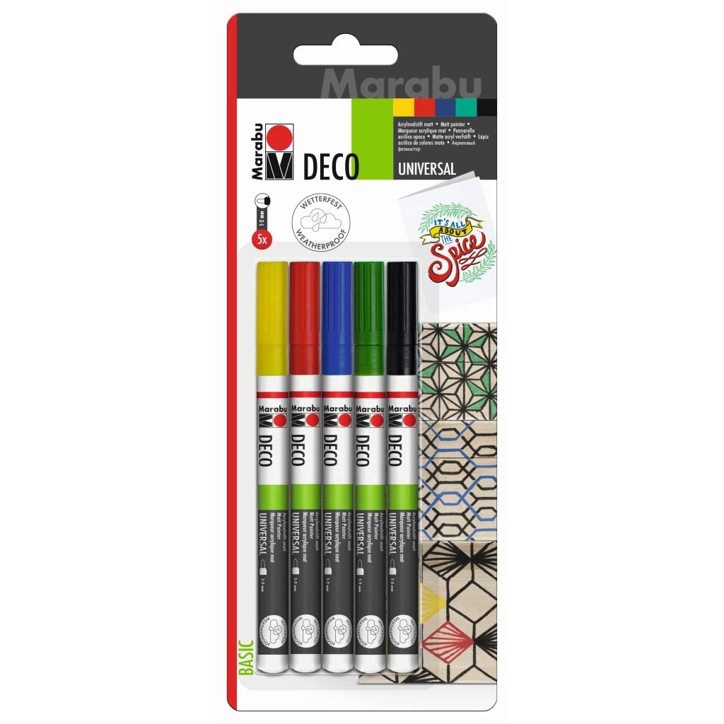 Marabu Deco Painter Marker - Blister Pack - Set of 5 Markers x 1 - 2 MM Universal Tip