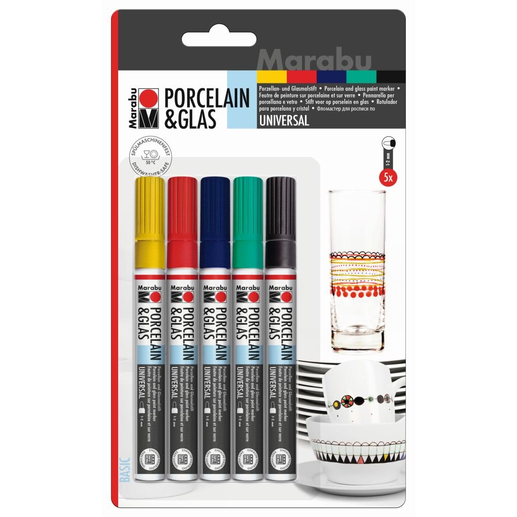 Marabu Porcelain & Glas Paint Marker - Basic Set - Blister Pack - Set of 5 Markers x 1.2 MM Universal Tip