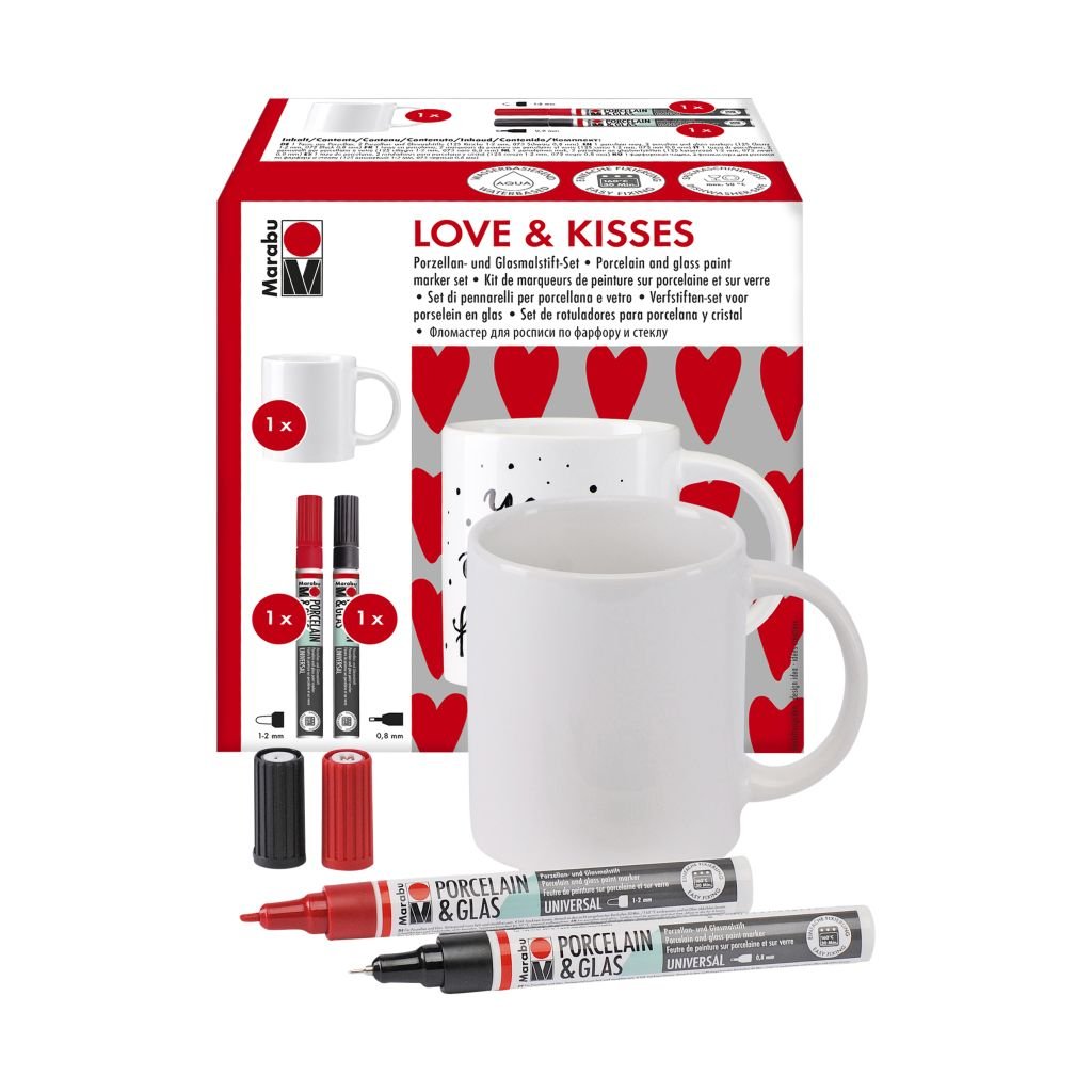 Marabu Porcelain & Glas Paint Marker - Love & Kisses - Set of 2 Markers with Porcelain Mug