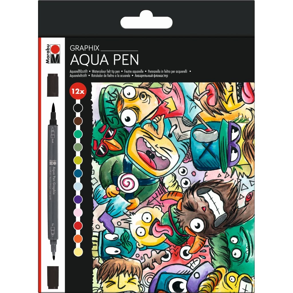 Marabu Aqua Pen Graphix Watercolour Felt Tip Pen - Dual Tip (Fine + Brush) - Set of 12 - Mega Mash
