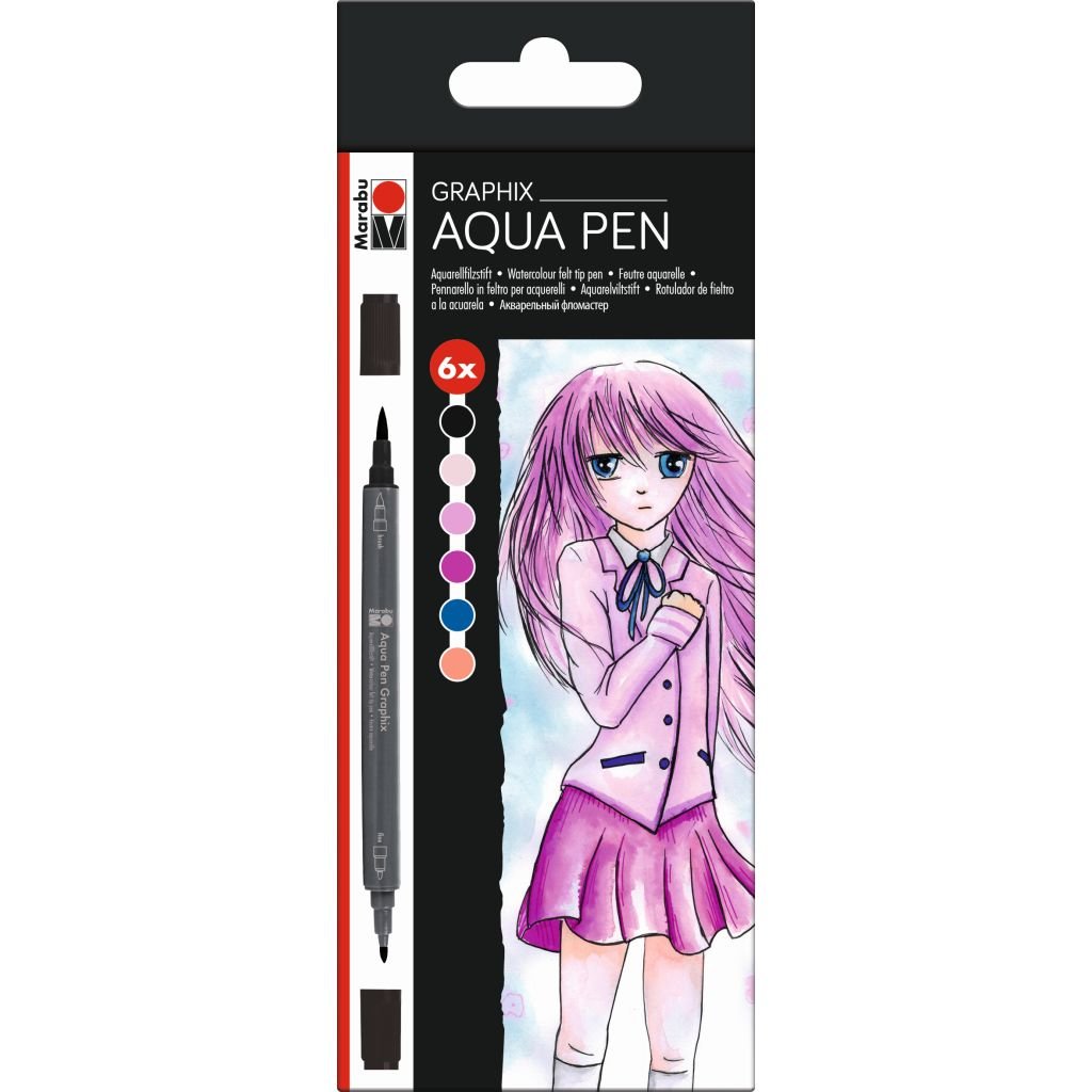 Marabu Aqua Pen Graphix Watercolour Felt Tip Pen - Dual Tip (Fine + Brush) - Set of 6 - Ma Ke Manga