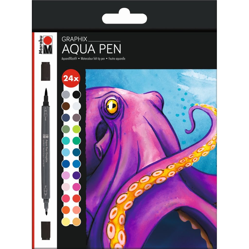 Marabu Aqua Pen Graphix Watercolour Felt Tip Pen - Dual Tip (Fine + Brush) - Set of 24 - Octopy