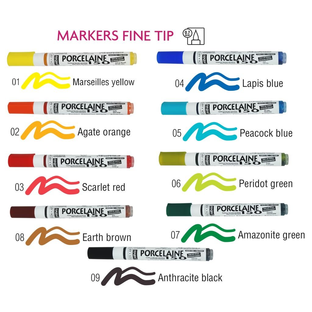 Pebeo Porcelaine 150 Paint Marker - Fine Tip (0.7 mm) - Assorted Set of 9 Colours