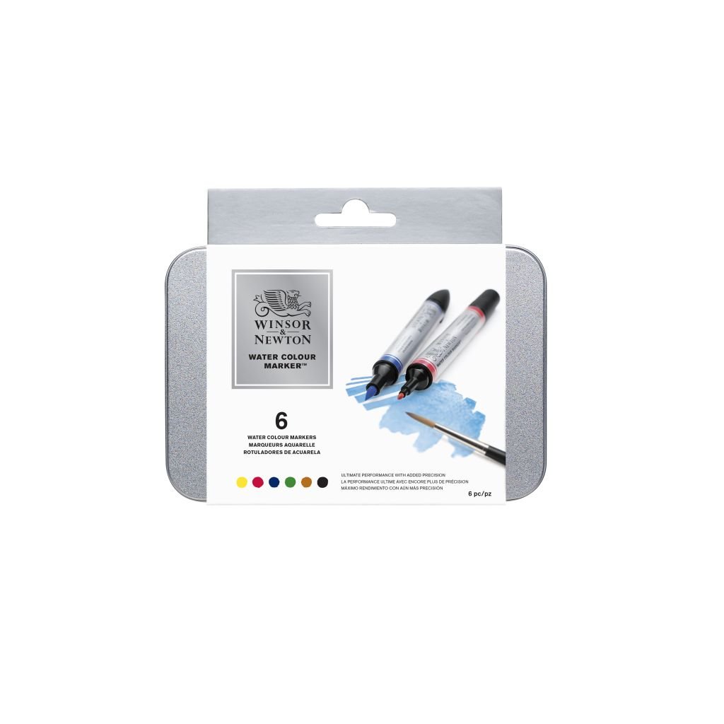 Winsor & Newton Water Colour Marker - Twin Tip - Brush + fine - Water based - Assorted set of 6 colours