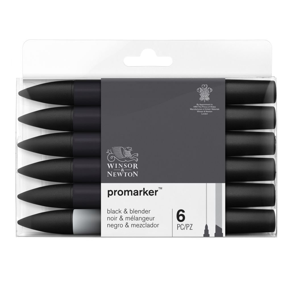 Winsor & Newton ProMarker - Twin Tip - Alcohol Based - 5 Blacks + Blender Set