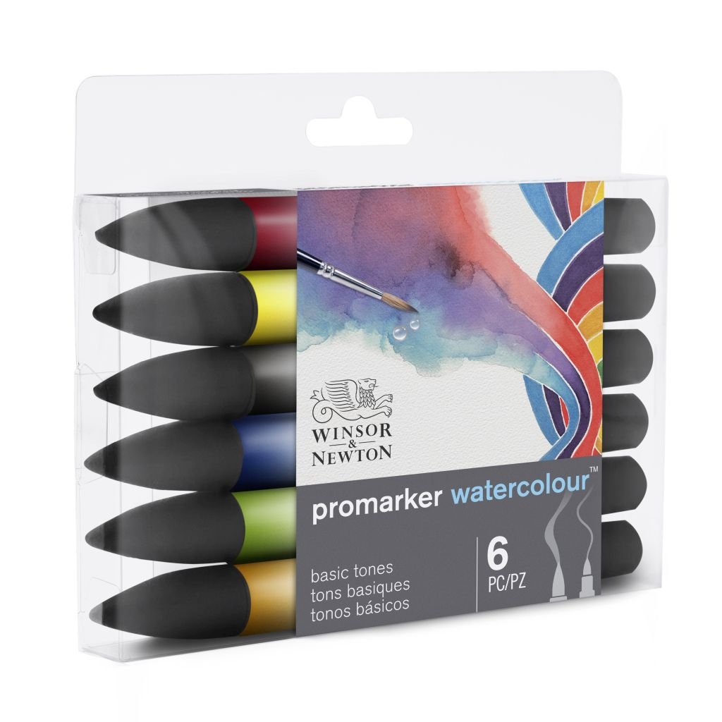 Winsor & Newton Promarker Watercolour Marker - Twin Tip (Brush + fine) - Basic Tones Set of 6