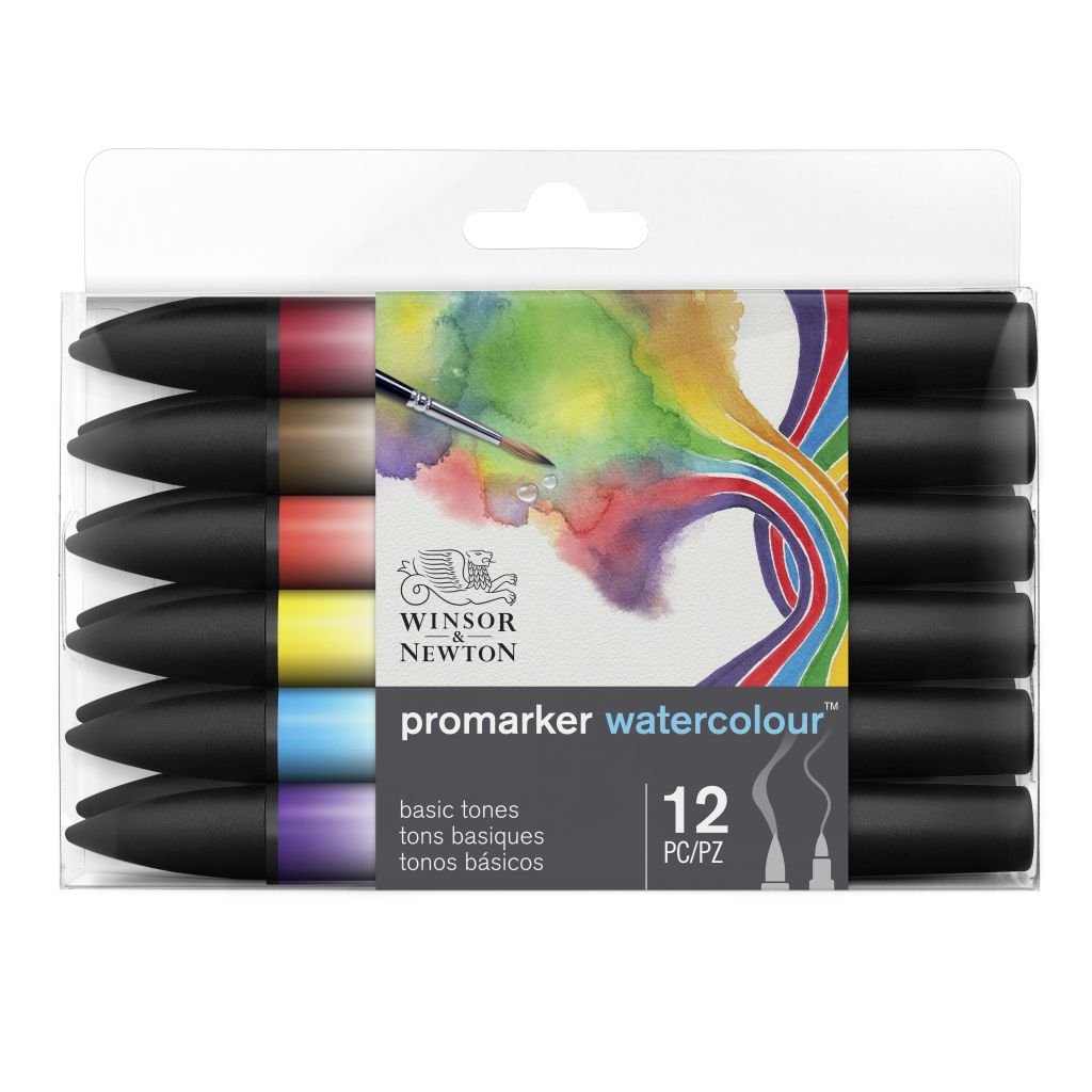 Winsor & Newton Promarker Watercolour Marker - Twin Tip (Brush + fine) - Basic Tones Set of 12