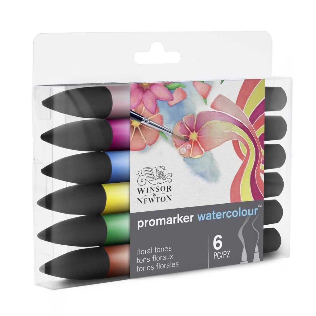 Winsor & Newton Promarker Watercolour Marker - Twin Tip (Brush + fine) - Floral Tones Set of 6