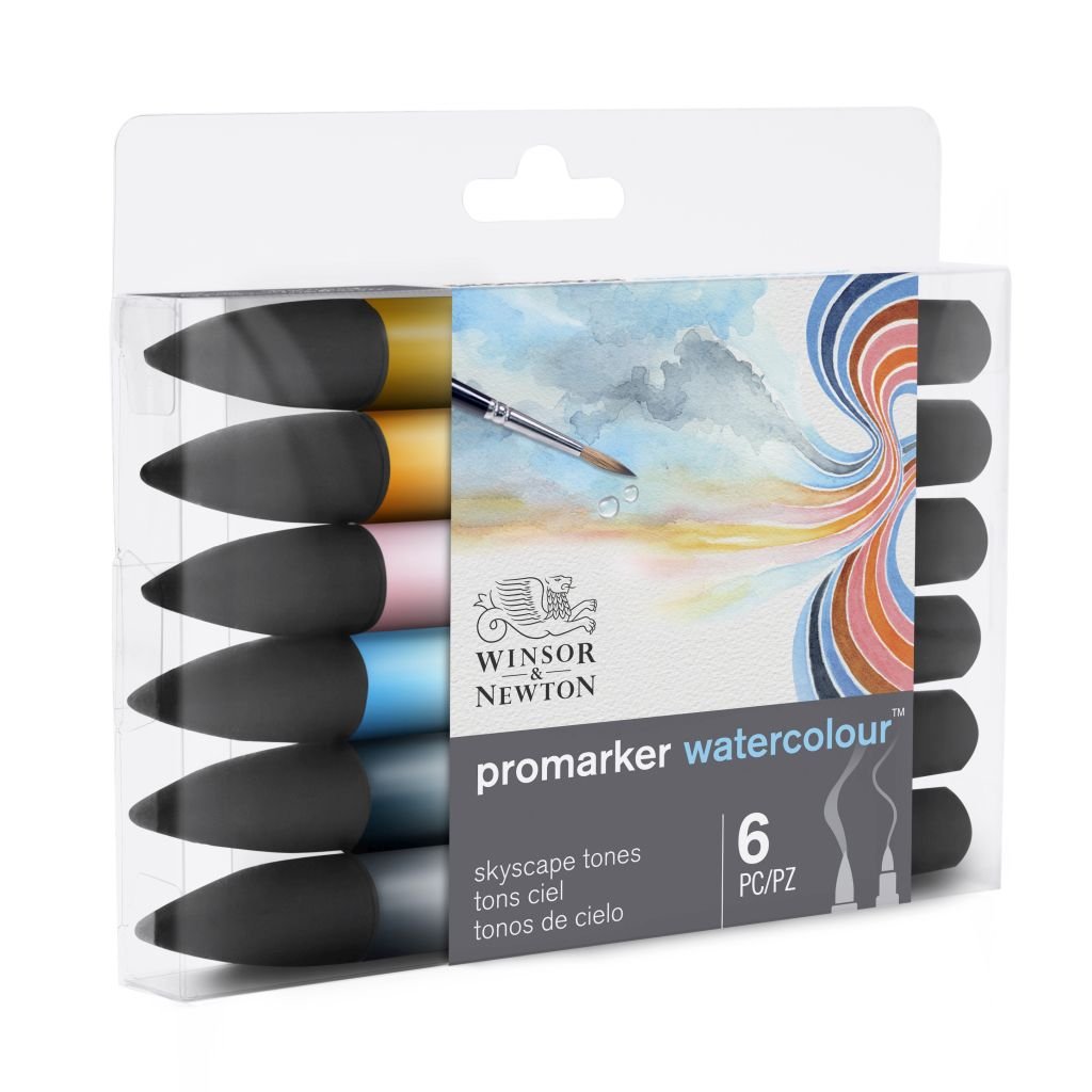 Winsor & Newton Promarker Watercolour Marker - Twin Tip (Brush + fine) - Sky Tones Set of 6