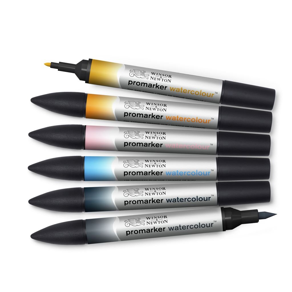 Winsor & Newton Promarker Watercolour Marker - Twin Tip (Brush + fine) - Sky Tones Set of 6