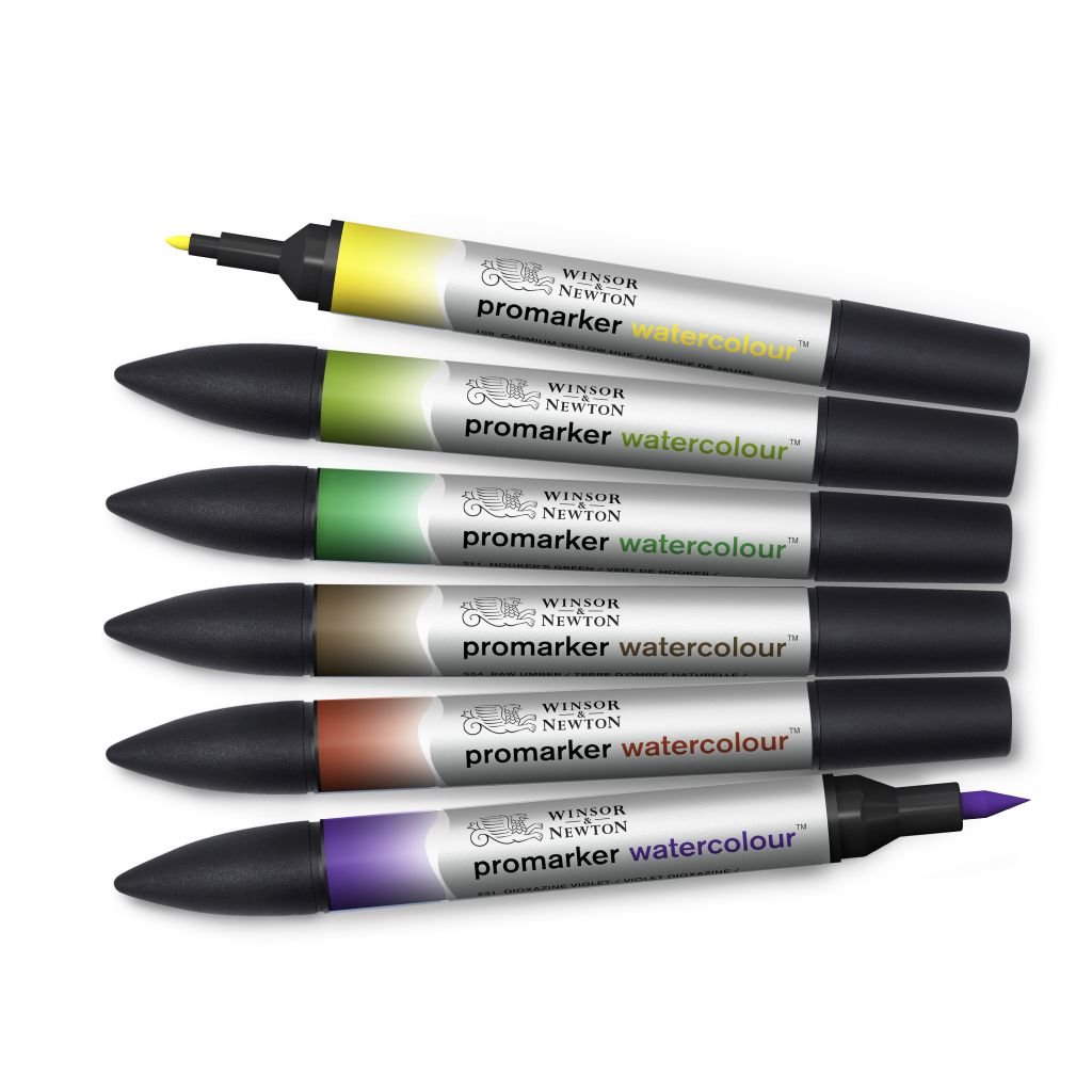 Winsor & Newton Promarker Watercolour Marker - Twin Tip (Brush + fine) - Foliage Tones Set of 6
