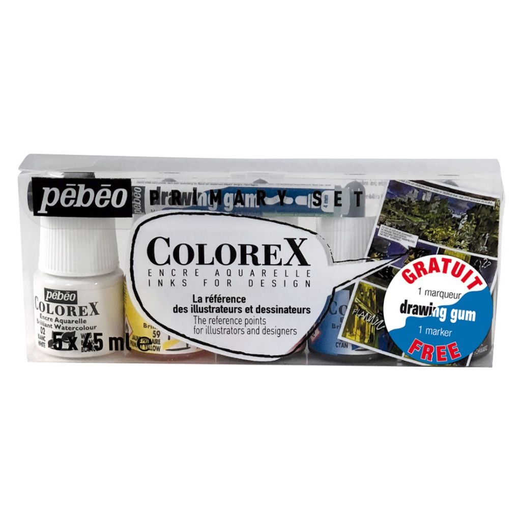 Pebeo Colorex Watercolour Inks - Box of 5 Assorted 45 ML Bottles with Drawing Gum Marker
