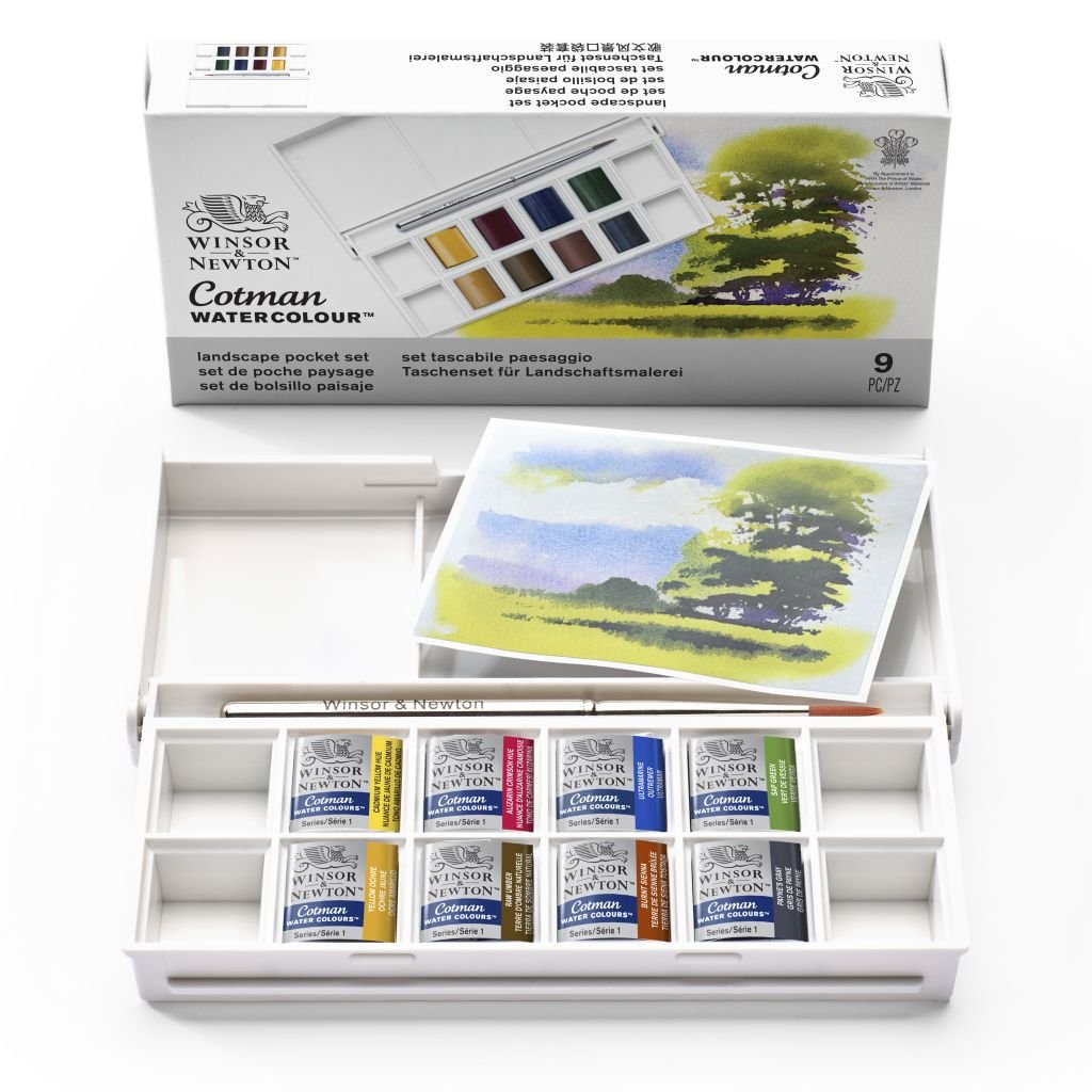 Winsor & Newton Cotman Water Colour - Landscape Pocket Set - 8 Half Pans with Brush