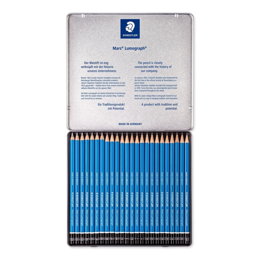 Staedtler Mars Lumograph 100 - Drawing Graphite Pencil - Metel Tin Box of 24 - Assorted Degrees