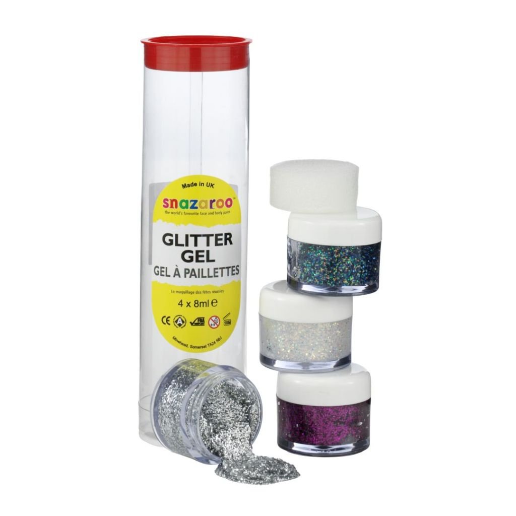 Snazaroo Glitter Gels - Set of 4 x 8 ML Pots - Multi, Gold Dust, Fuchsia Pink & Silver