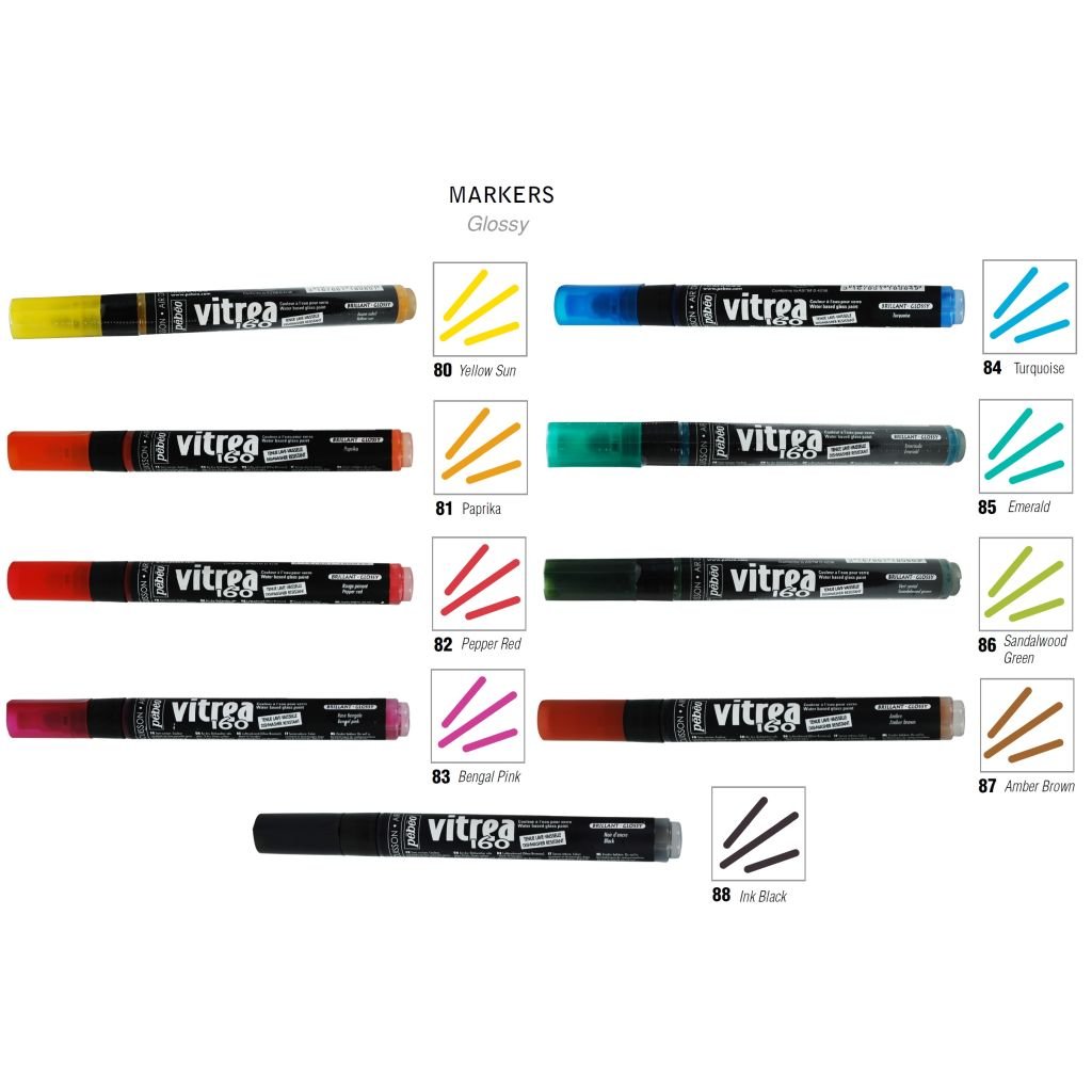 Pebeo Vitrea 160 Glossy Glass Paint Marker - Bullet Tip (1.2 mm) - Assorted Set of 9 Colours