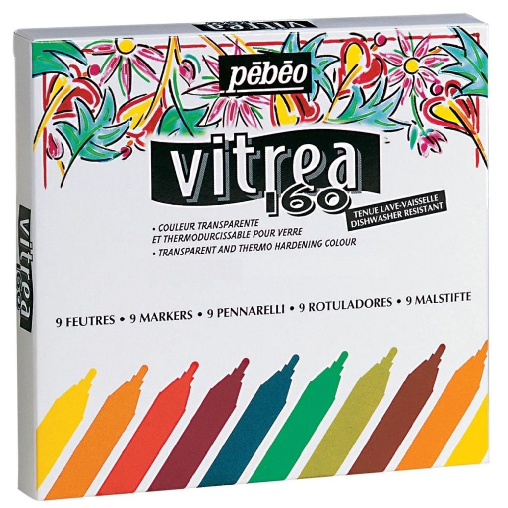 Pebeo Vitrea 160 Frosted Glass Paint Marker - Bullet Tip (1.2 mm) - Assorted Set of 9 Colours