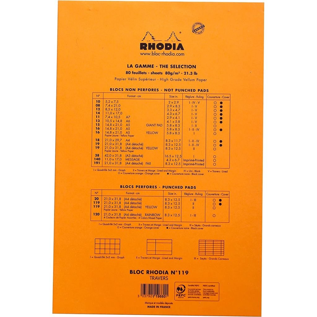 Rhodia - Basics Punched Orange No. 119 - Stapled - Lined + Margin Notepad - A4+ (210 mm x 310 mm or 8.3