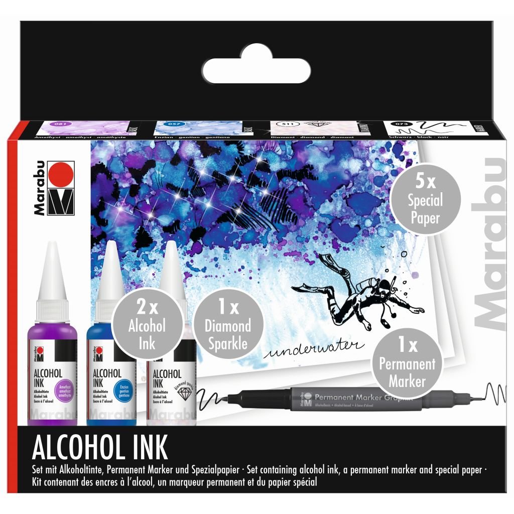 Marabu Alcohol Ink Set - UNDERWATER of 3 x 20 ml Bottle + Permanent Marker + Special Paper
