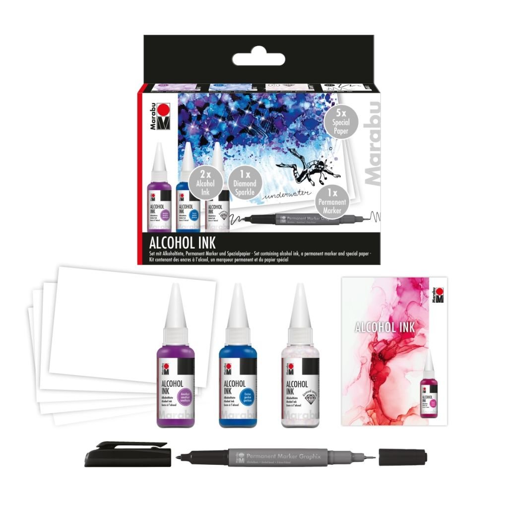 Marabu Alcohol Ink Set - UNDERWATER of 3 x 20 ml Bottle + Permanent Marker + Special Paper