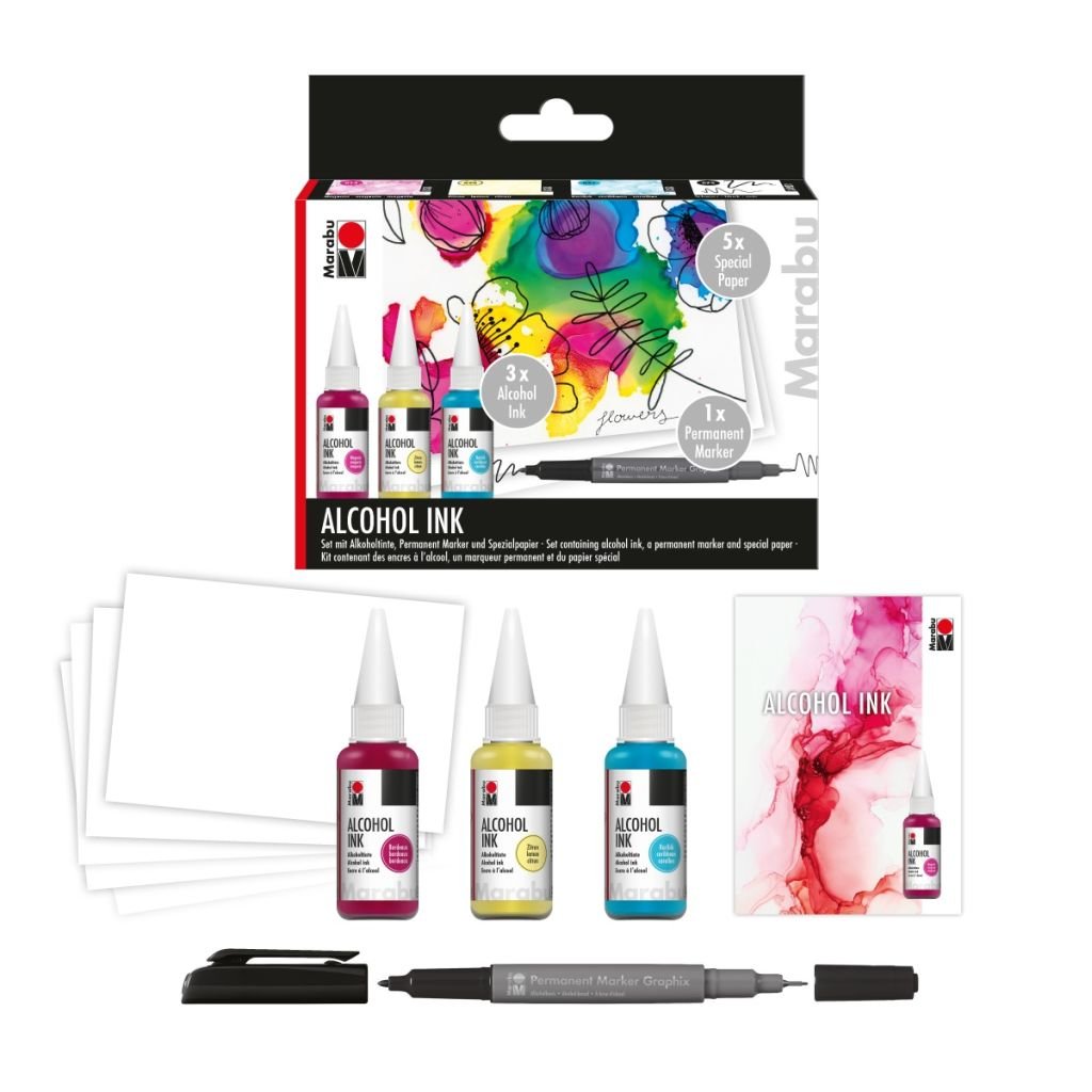 Marabu Alcohol Ink Set - FLOWER of 3 x 20 ml Bottle + Permanent Marker + Special Paper
