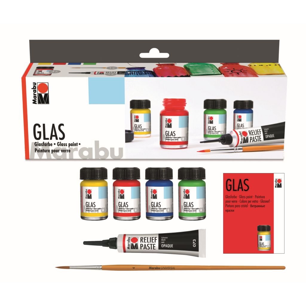 Marabu Glas - Water-based Glass Starter Set - 4 x 15 ML Bottle With Brush and Relief Paste