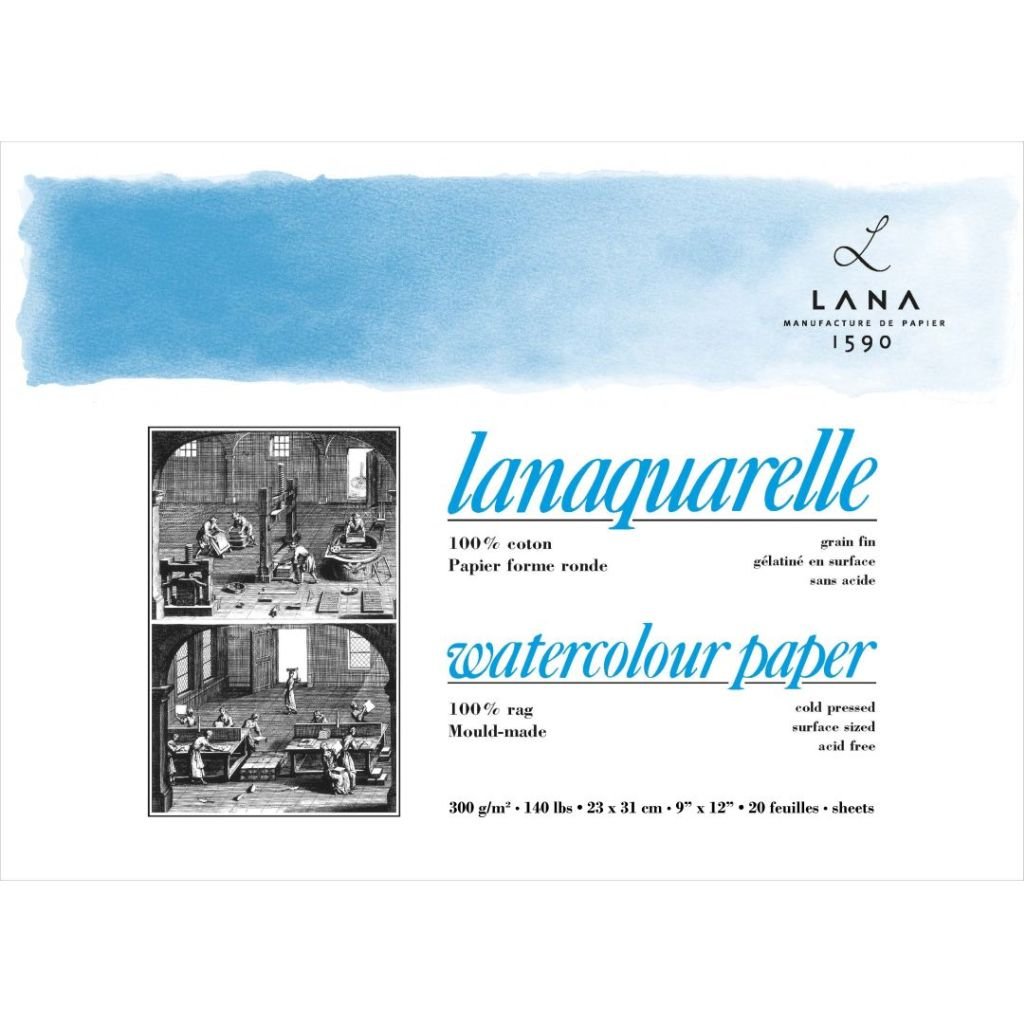 Lana Artists' Watercolour - Lanaquarelle - 23 cm x 31 cm Natural White Fine Grain / Matt Surface / Cold Press 300 GSM 100% Cotton Paper, 4 Side Glued Pad (Block) of 20 Sheets