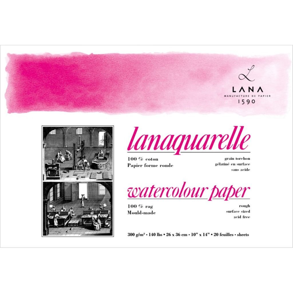 Lana Artists' Watercolour - Lanaquarelle - 26 cm x 36 cm Natural White Rough Grain 300 GSM 100% Cotton Paper, 4 Side Glued Pad (Block) of 20 Sheets