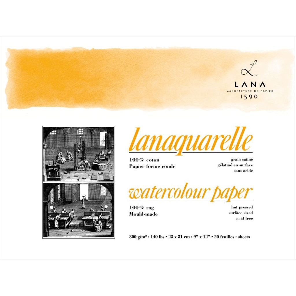 Lana Artists' Watercolour - Lanaquarelle - 23 cm x 31 cm Natural White Smooth / Hot Press 300 GSM 100% Cotton Paper, 4 Side Glued Pad (Block) of 20 Sheets