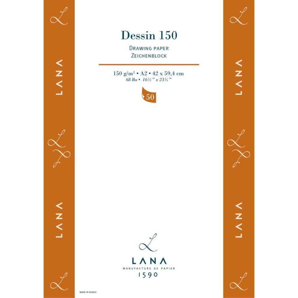 Lana Dessin - Drawing - A2 (42 cm x 59.4 cm) Natural White Light Grain / Matt Finish 150 GSM Paper, Short Side Glued Pad of 50 Sheets