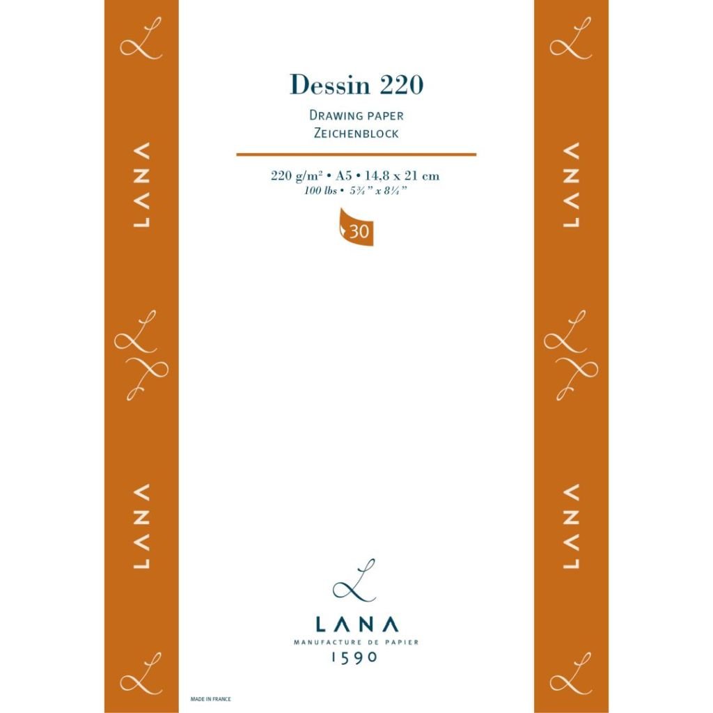 Lana Dessin - Drawing - A5 (14.8 cm x 21 cm) Natural White Light Grain / Matt Finish 220 GSM Paper, Short Side Glued Pad of 30 Sheets