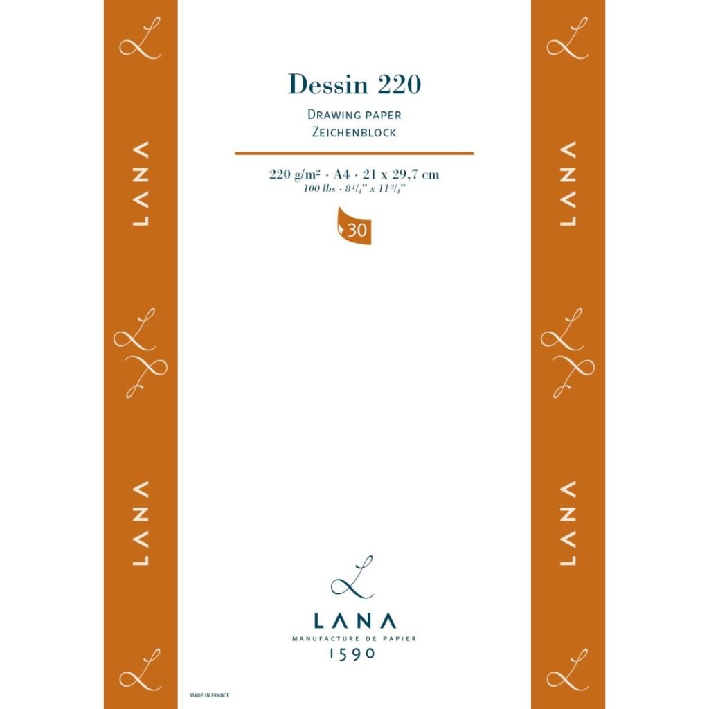 Lana Dessin - Drawing - A4 (21 cm x 29.7 cm) Natural White Light Grain / Matt Finish 220 GSM Paper, Short Side Glued Pad of 30 Sheets