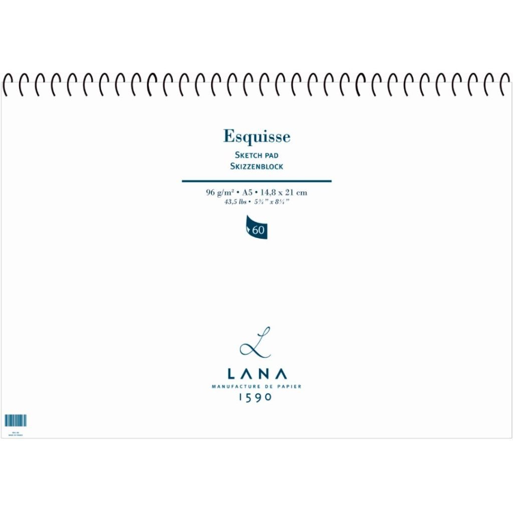 Lana Esquisse - Sketch - A5 (14.8 cm x 21 cm) White Light Velvety Grain 96 GSM Paper, Long Side Spiral Album of 60 Sheets
