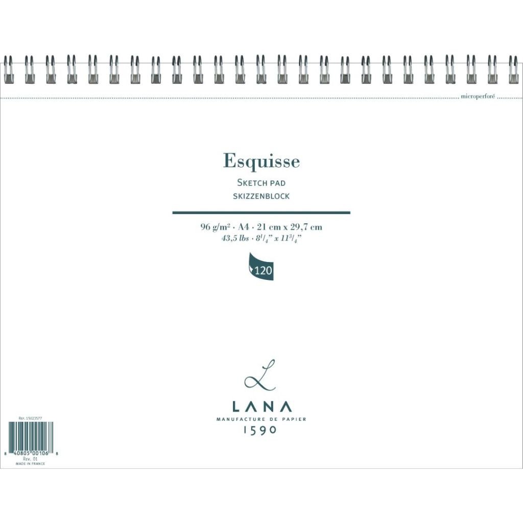 Lana Esquisse - Sketch - A4 (21 cm x 29.7 cm) White Light Velvety Grain 96 GSM Paper, Long Side Spiral Album of 120 Sheets