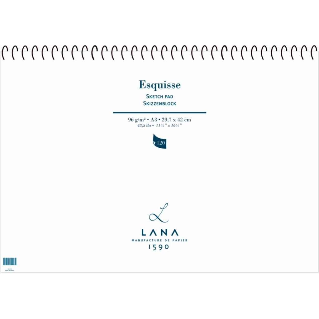 Lana Esquisse - Sketch - A3 (29.7 cm x 42 cm) White Light Velvety Grain 96 GSM Paper, Long Side Spiral Album of 120 Sheets