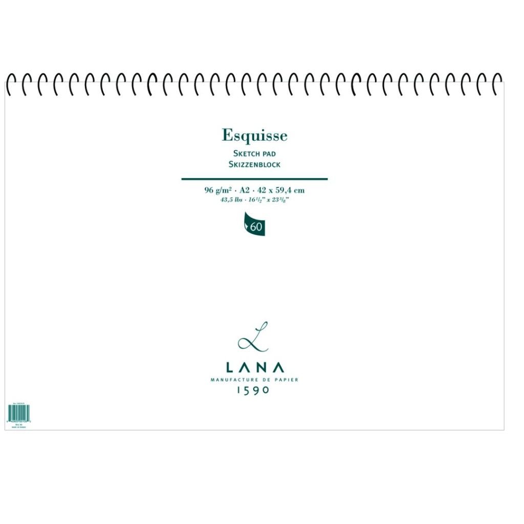 Lana Esquisse - Sketch - A2 (42 cm x 59.4 cm) White Light Velvety Grain 96 GSM Paper, Long Side Spiral Album of 60 Sheets