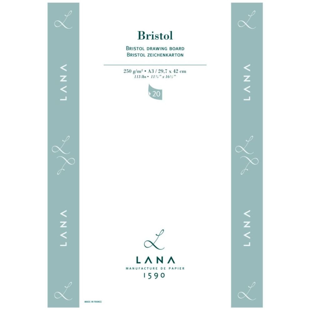 Lana Bristol A3 (29.7 cm x 42 cm) Extra White Ultra Smooth 250 GSM Paper, Short Side Glued Pad of 20 Sheets