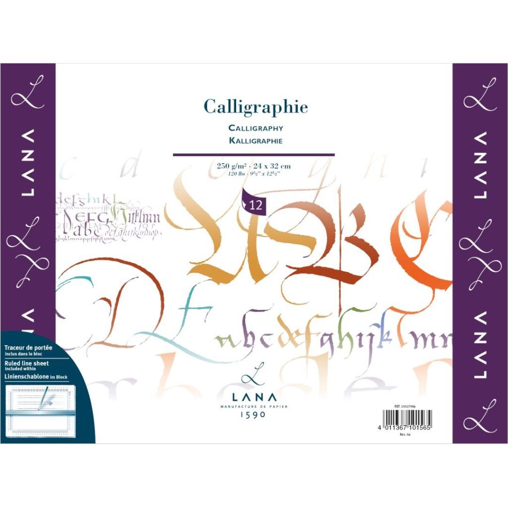 Lana Calligraphie - Calligraphy - 24 cm x 32 cm White Ultra Smooth 250 GSM Paper, Long Side Glued Pad of 12 Sheets