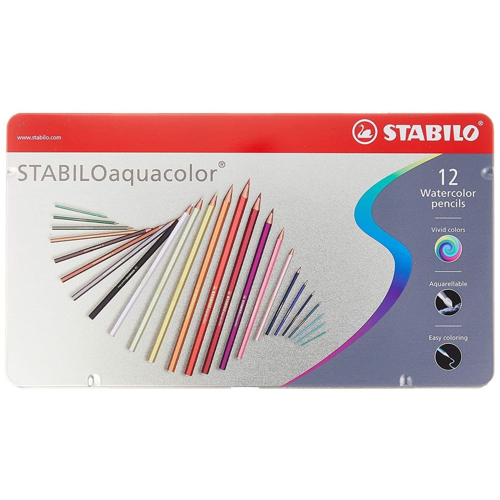 Stabilo Aquacolour - Watercolour Pencil - Metal Box of 12 Assorted Colours
