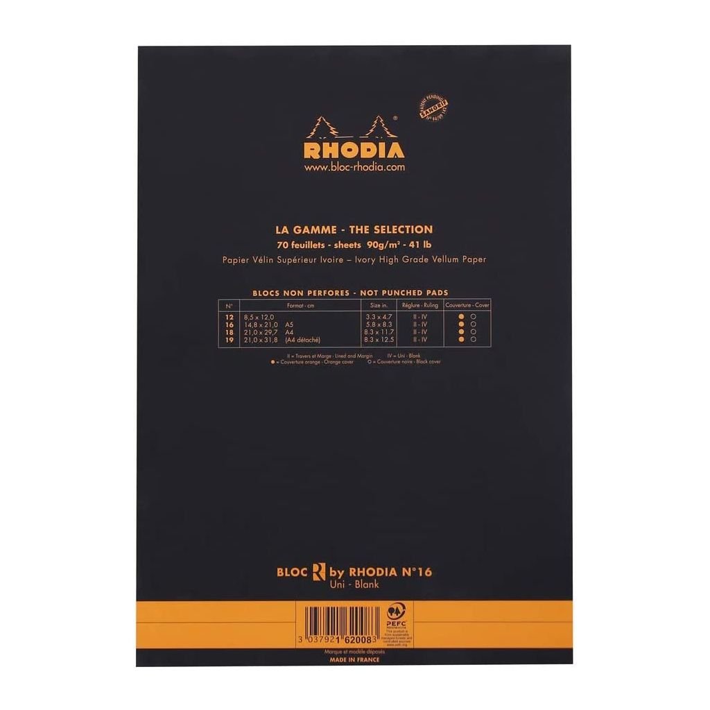 Rhodia - Black R No. 16 - Premium - Stapled - Blank Notepad - A5 (148 mm x 210 mm or 5.8