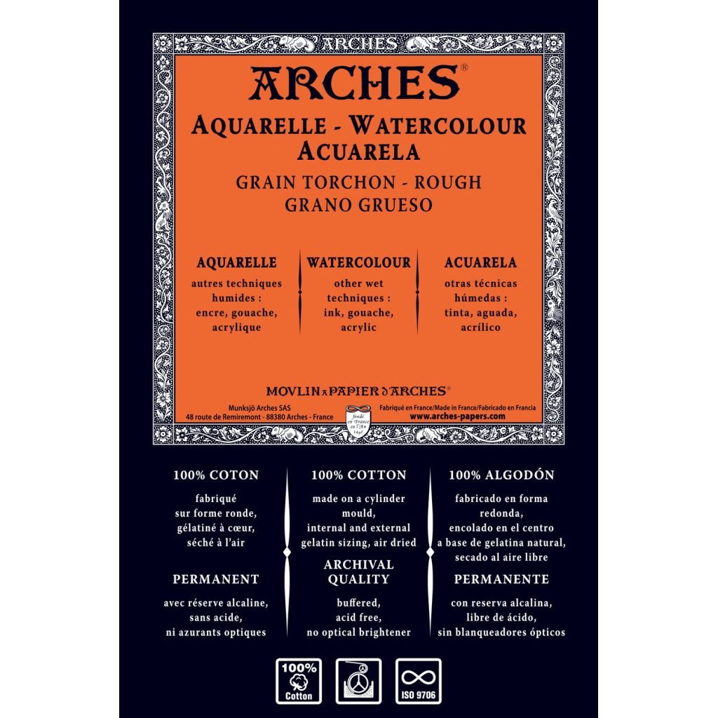 Arches Watercolour - Aquarelle - 113 cm x 914 cm Natural White Rough Grain 185 GSM 100% Cotton Paper Roll