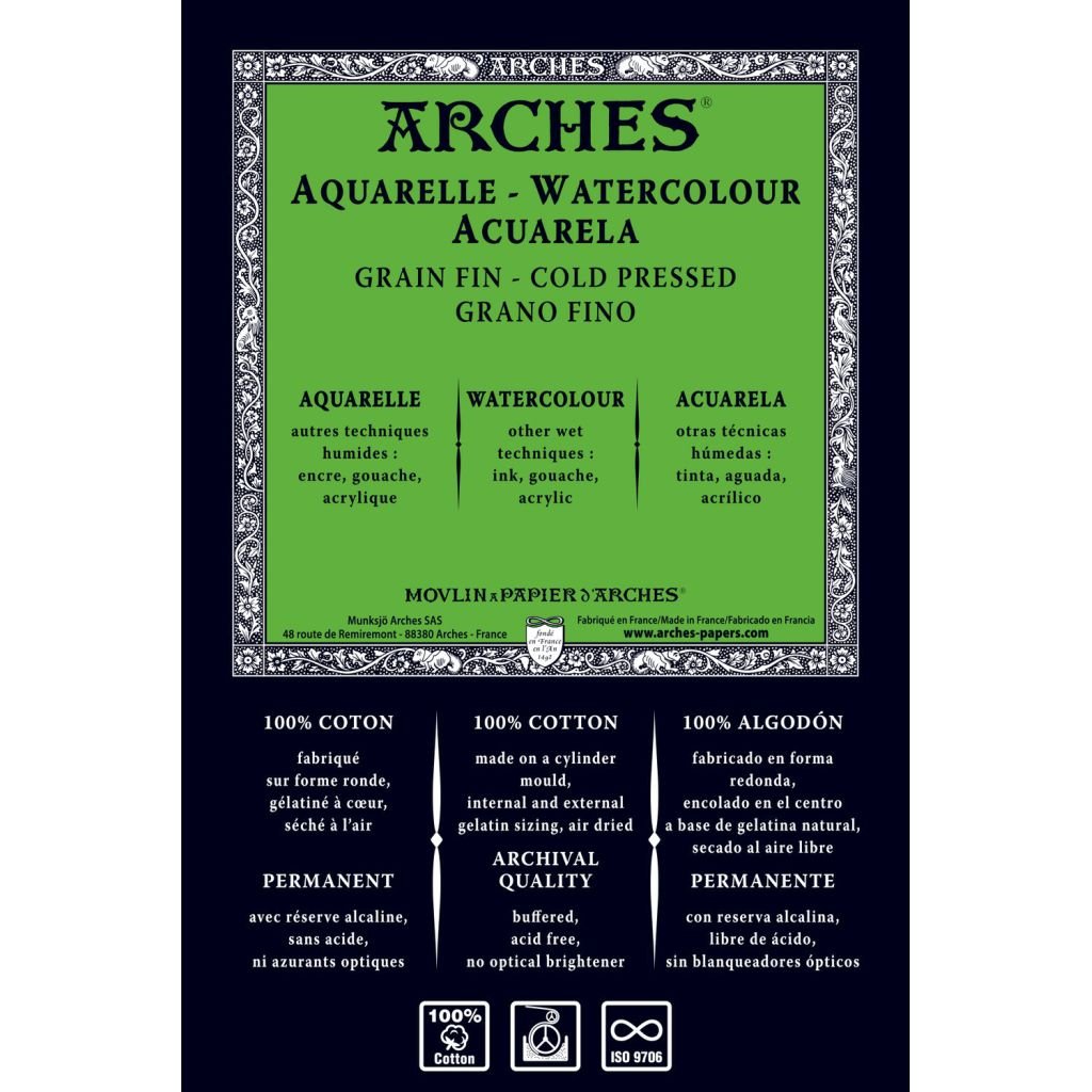 Arches Watercolour - Aquarelle - 113 cm x 914 cm Natural White Fine Grain / Cold Press 185 GSM 100% Cotton Paper Roll