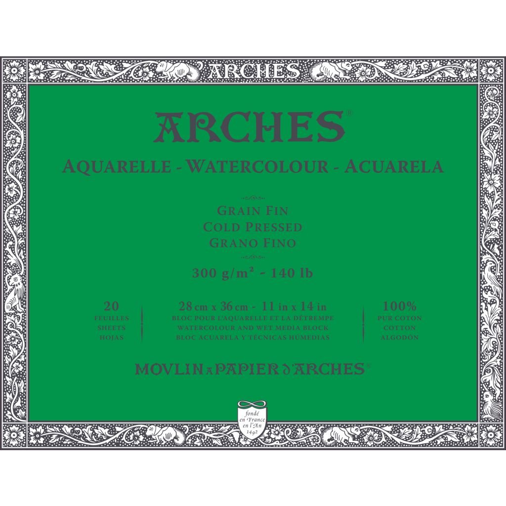 Arches Watercolour- Aquarelle - 28 cm x 36 cm Natural White Fine Grain / Cold Press 300 GSM Paper, 4 Side Glued Pad of 20 Sheets