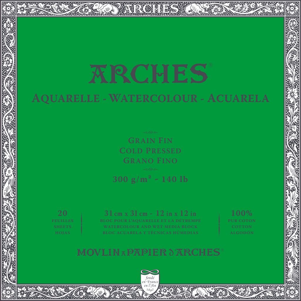 Arches Watercolour- Aquarelle - 31 cm x 31 cm Natural White Fine Grain / Cold Press 300 GSM Paper, 4 Side Glued Pad of 20 Sheets