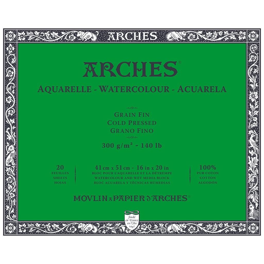 Arches Watercolour- Aquarelle - 41 cm x 51 cm Natural White Fine Grain / Cold Press 300 GSM Paper, 4 Side Glued Pad of 20 Sheets