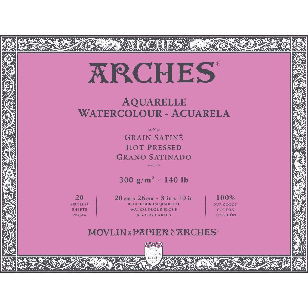 Arches Watercolour- Aquarelle - 20 cm x 26 cm Natural White Satin Grain / Hot Press 300 GSM Paper, 4 Side Glued Pad of 20 Sheets