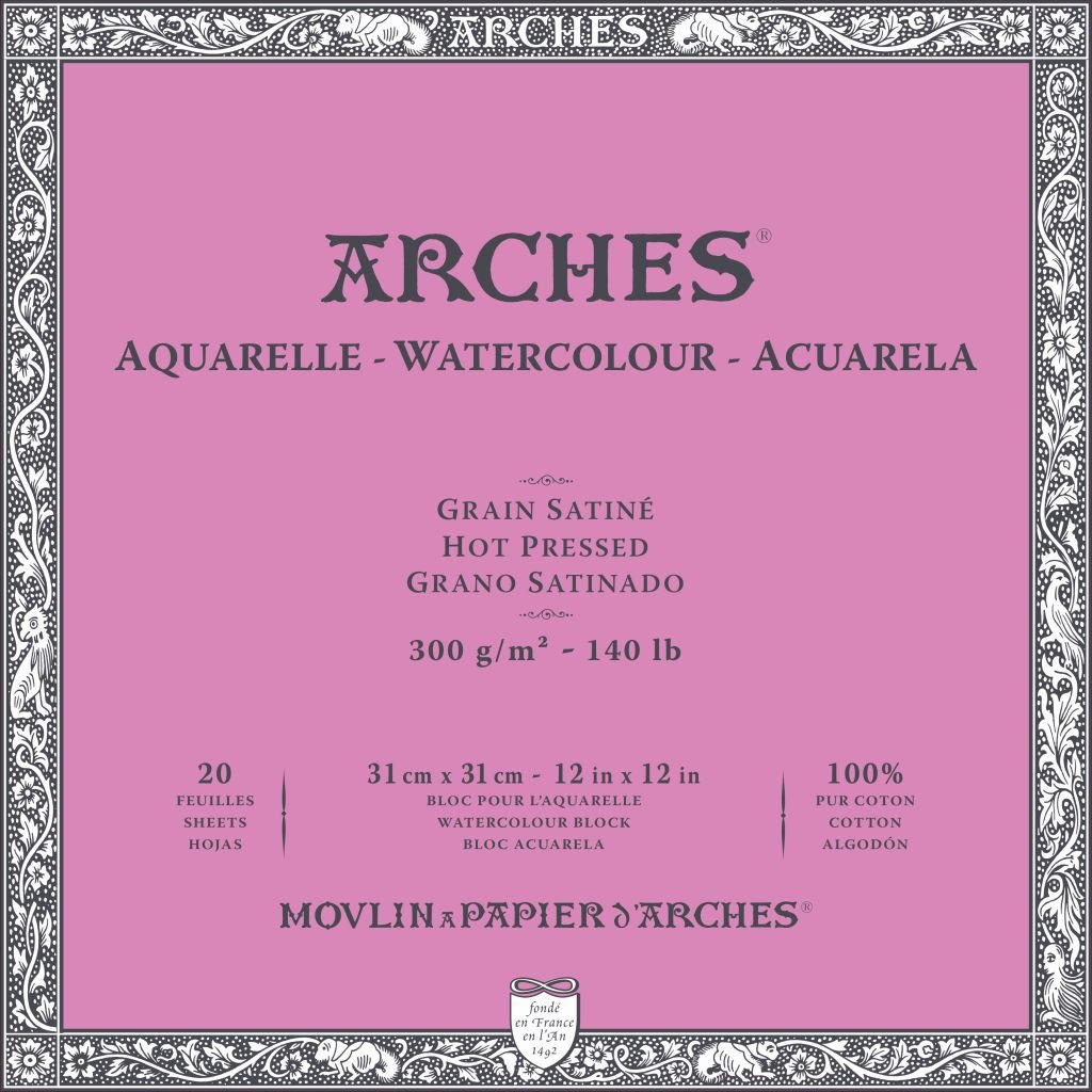 Arches Watercolour- Aquarelle - 31 cm x 31 cm Natural White Satin Grain / Hot Press 300 GSM Paper, 4 Side Glued Pad of 20 Sheets