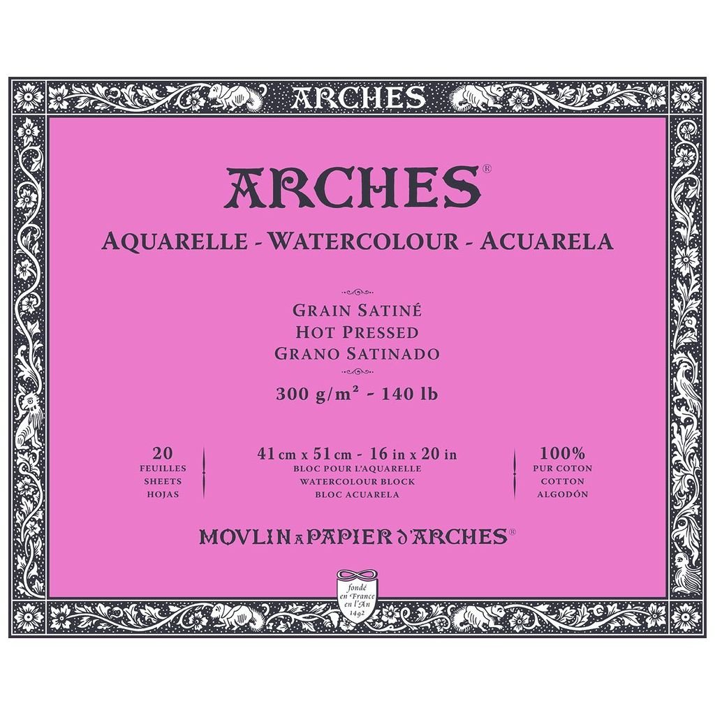 Arches Watercolour- Aquarelle - 41 cm x 51 cm Natural White Satin Grain / Hot Press 300 GSM Paper, 4 Side Glued Pad of 20 Sheets