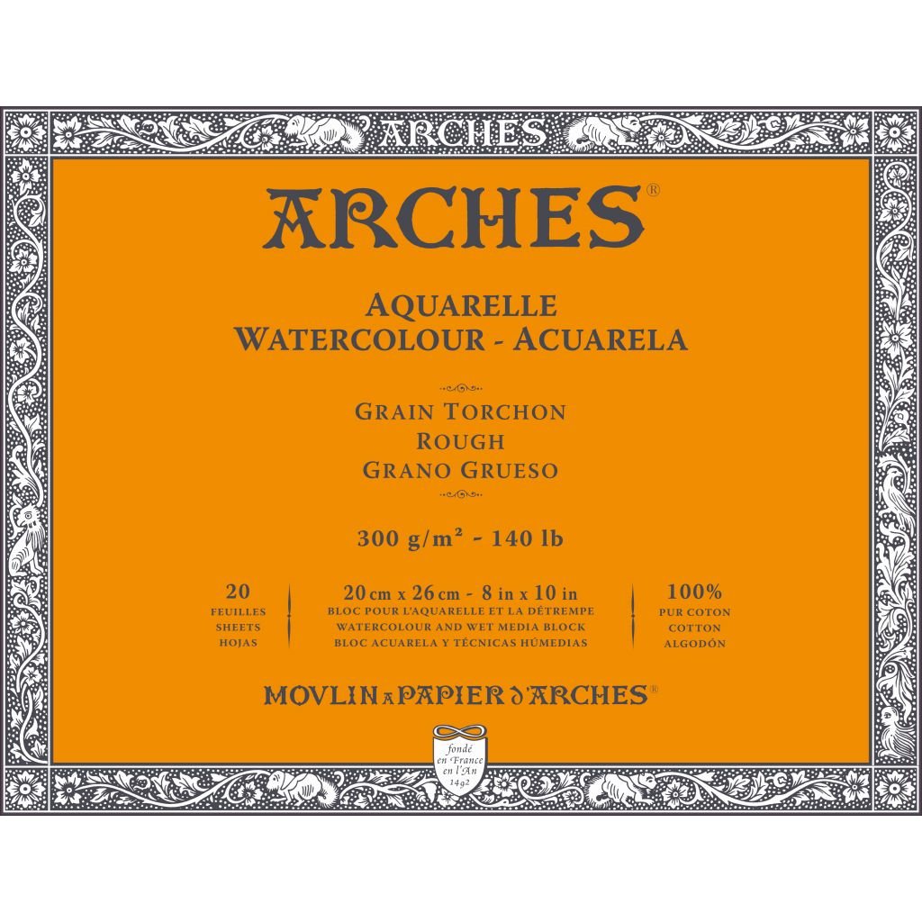 Arches Watercolour- Aquarelle - 20 cm x 26 cm Natural White Rough Grain 300 GSM Paper, 4 Side Glued Pad of 20 Sheets