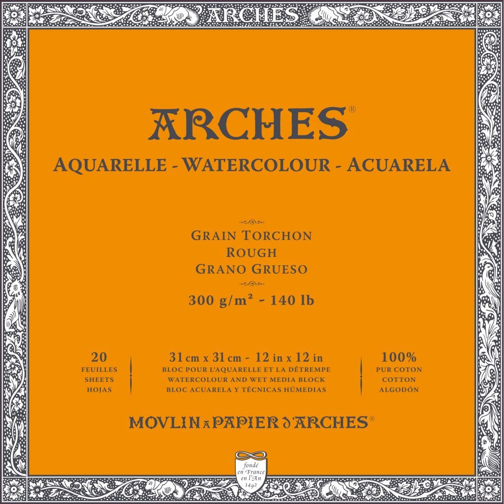 Arches Watercolour- Aquarelle - 31 cm x 31 cm Natural White Rough Grain 300 GSM Paper, 4 Side Glued Pad of 20 Sheets